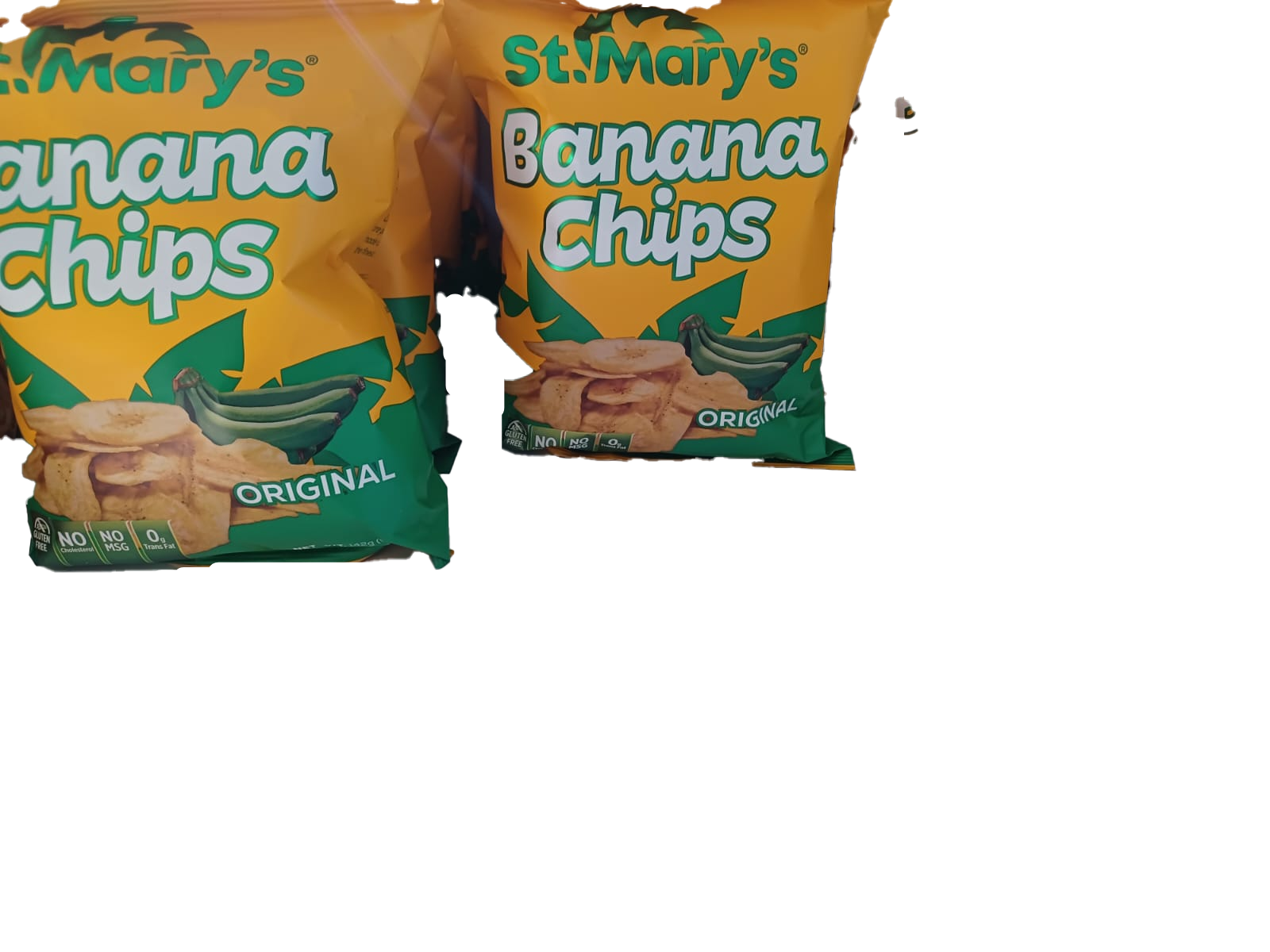 Banana chips in a yellow and green bag.