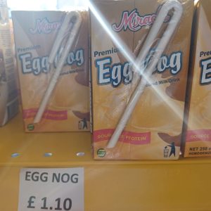 A nut tasting and milky drink in a box called Egg Nog.