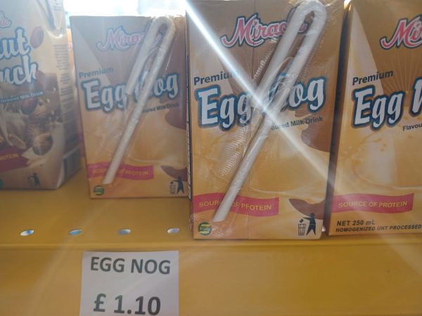 A nut tasting and milky drink in a box called Egg Nog.